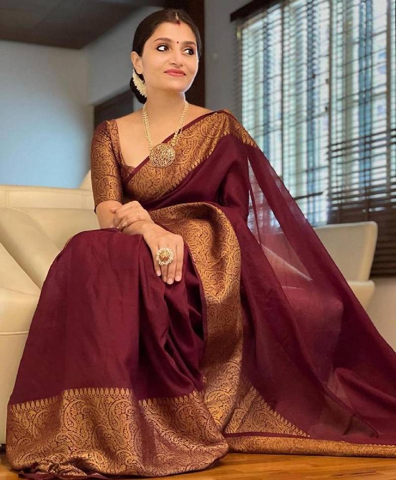 Maroon soft silk blend banarasi jacuard work designer party wear saree with unstitched blouse piece