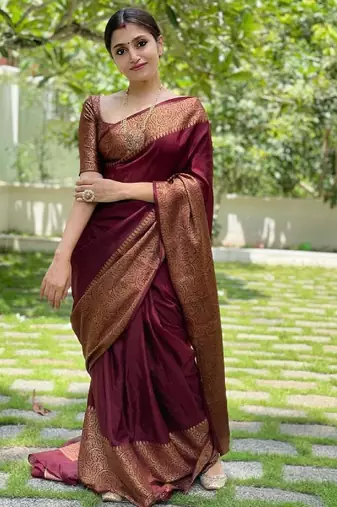 Maroon silk blend banarasi saree with unstitched blouse piece