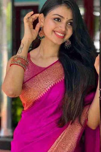 Pink soft silk blend banarasi jacuard work designer party wear saree with unstitched blouse piece