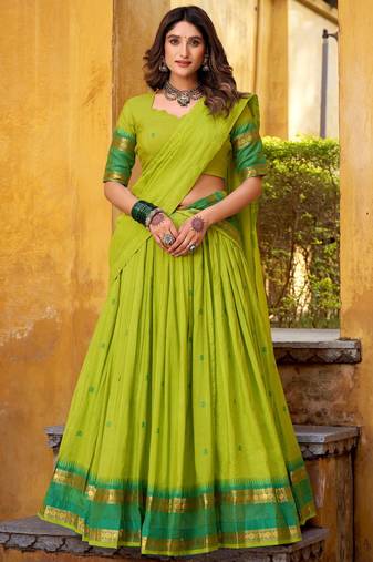 Terrific Green Zari Weaving Chanderi Event Wear Half Saree Lehenga