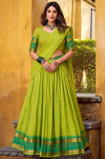 Terrific Green Zari Weaving Chanderi Event Wear Half Saree Lehenga