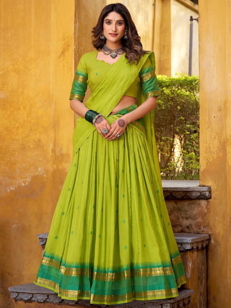 Terrific Green Zari Weaving Chanderi Event Wear Half Saree Lehenga