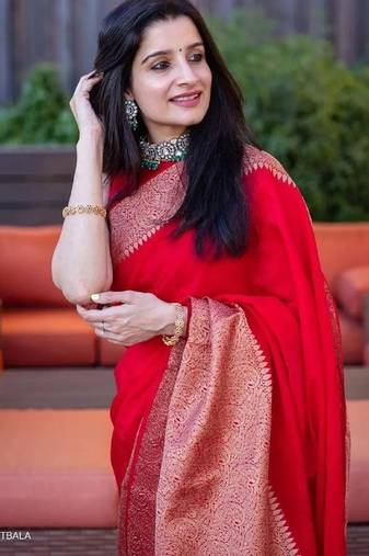 Red soft silk blend banarasi jacuard work designer party wear saree with unstitched blouse piece