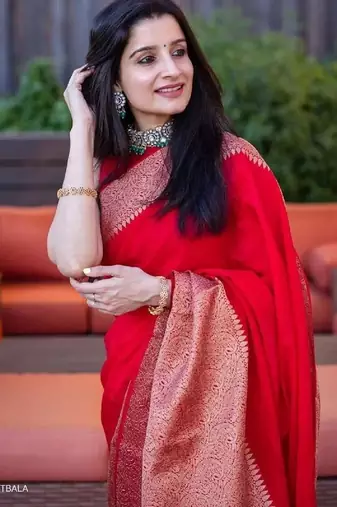 Red soft silk blend banarasi jacuard work designer party wear saree with unstitched blouse piece