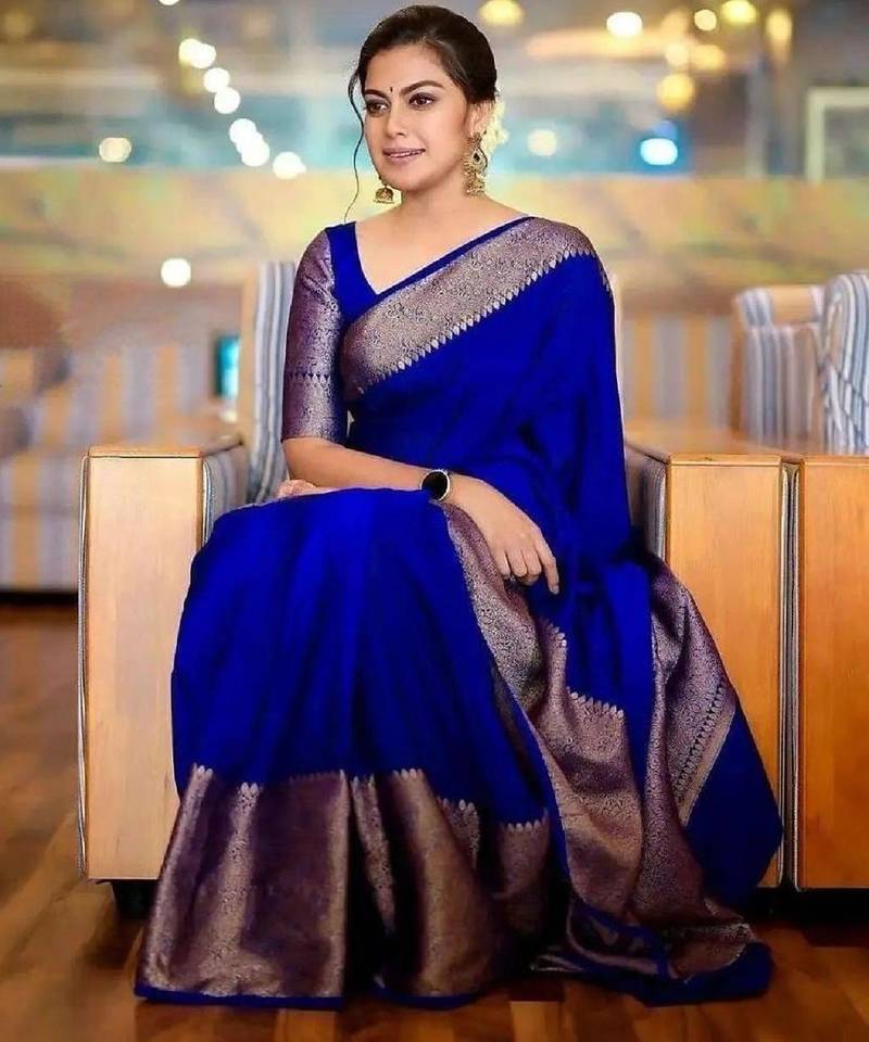 Royal blue soft silk blend banarasi jacuard work designer party wear saree with unstitched blouse piece
