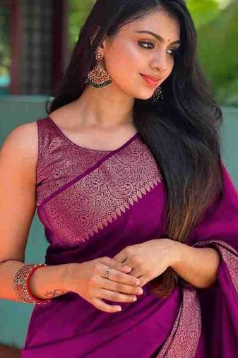 Wine soft silk blend banarasi jacuard work designer party wear saree with unstitched blouse piece