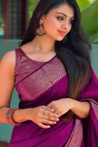 Wine soft silk blend banarasi jacuard work designer party wear saree with unstitched blouse piece