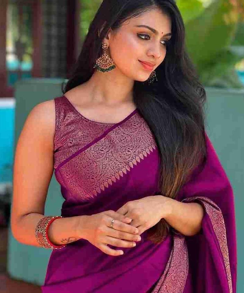 Wine soft silk blend banarasi jacuard work designer party wear saree with unstitched blouse piece