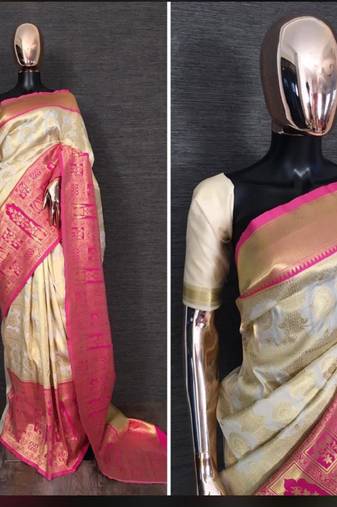 Off white pink soft silk blend banarasi jacuard work designer party wear saree with unstitched blouse piece