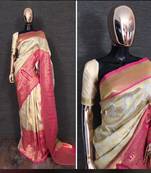 Off white pink silk blend banarasi saree with unstitched blouse piece
