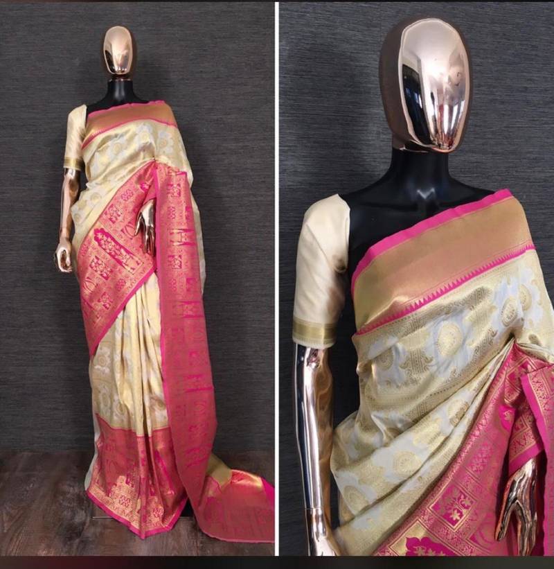 Off white pink soft silk blend banarasi jacuard work designer party wear saree with unstitched blouse piece