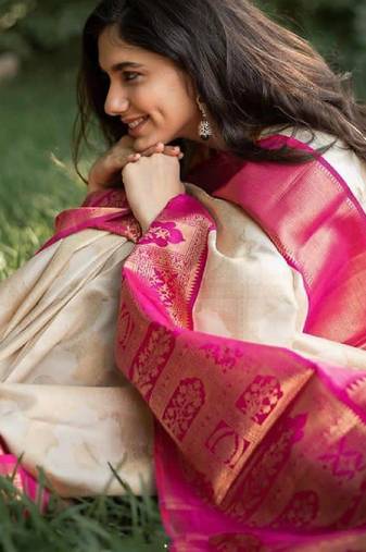 Off white pink soft silk blend banarasi jacuard work designer party wear saree with unstitched blouse piece