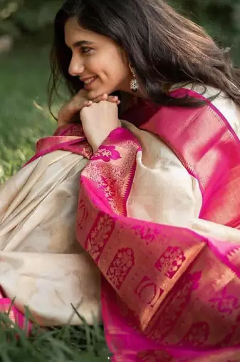 Off white pink soft silk blend banarasi jacuard work designer party wear saree with unstitched blouse piece