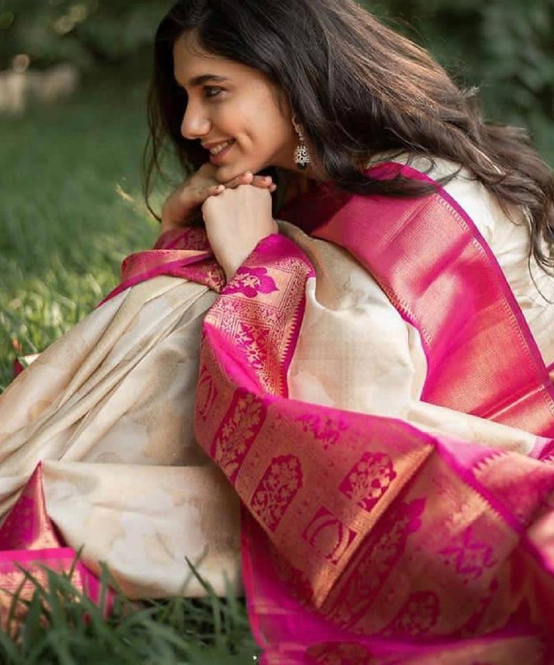Off white pink soft silk blend banarasi jacuard work designer party wear saree with unstitched blouse piece