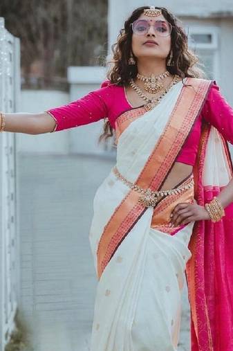 White pink soft silk blend banarasi jacuard work designer party wear saree with unstitched blouse piece