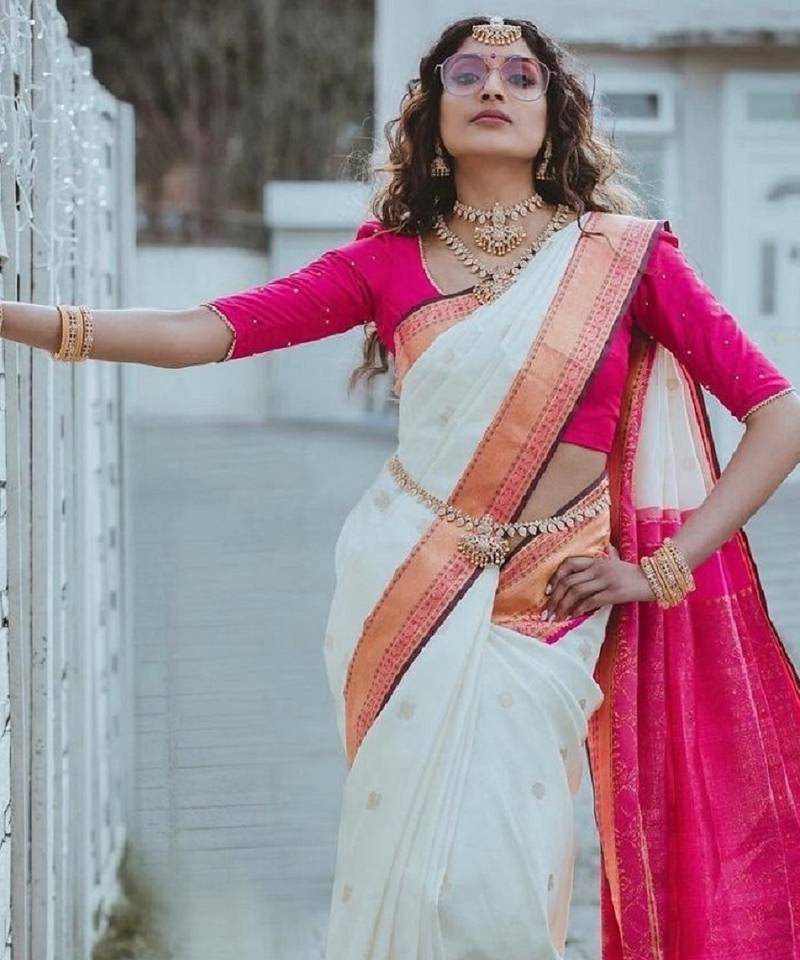 White pink soft silk blend banarasi jacuard work designer party wear saree with unstitched blouse piece