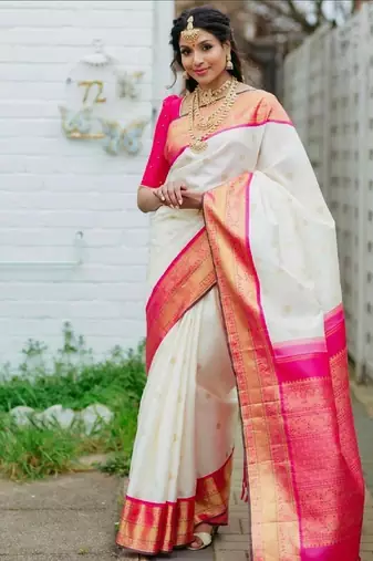 White pink silk blend banarasi saree with unstitched blouse piece