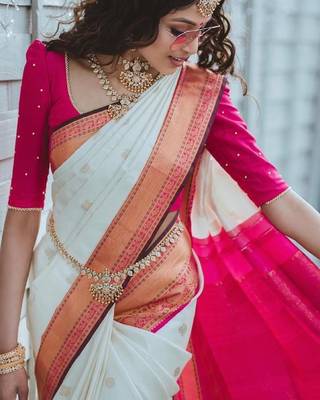 White pink silk blend banarasi saree with unstitched blouse piece 5