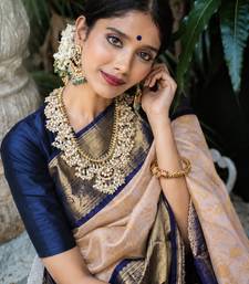 Blue white silk blend banarasi saree with unstitched blouse piece