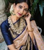 Blue white silk blend banarasi saree with unstitched blouse piece
