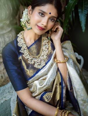 Blue white silk blend banarasi saree with unstitched blouse piece 1