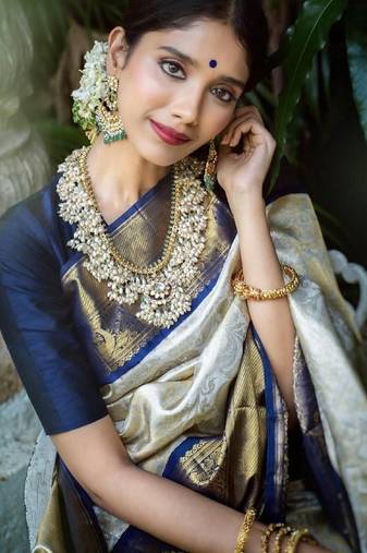 Blue white soft silk blend banarasi jacuard work designer party wear saree with unstitched blouse piece