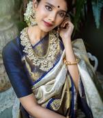 Blue white silk blend banarasi saree with unstitched blouse piece