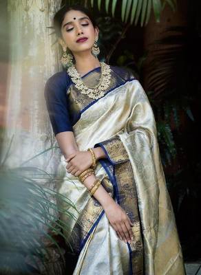Blue white silk blend banarasi saree with unstitched blouse piece 2