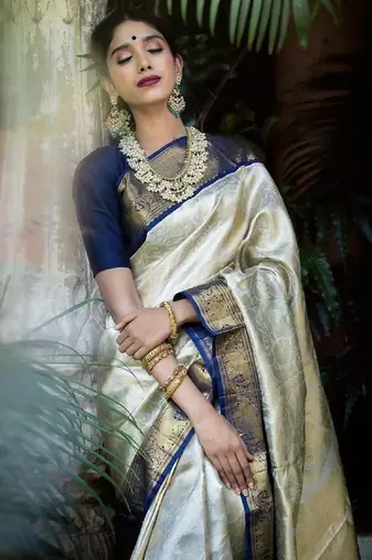Blue white silk blend banarasi saree with unstitched blouse piece