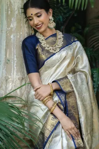 Blue white silk blend banarasi saree with unstitched blouse piece
