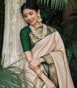Green white silk blend banarasi saree with unstitched blouse piece