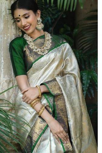 Green white soft silk blend banarasi jacuard work designer party wear saree with unstitched blouse piece