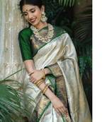 Green white silk blend banarasi saree with unstitched blouse piece