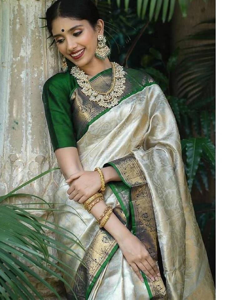 Green white soft silk blend banarasi jacuard work designer party wear saree with unstitched blouse piece