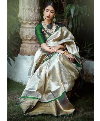 Green white silk blend banarasi saree with unstitched blouse piece 2
