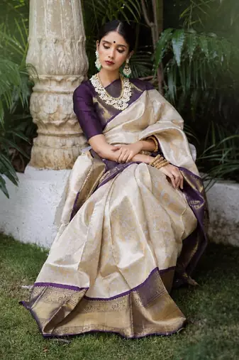 Wine white silk blend banarasi saree with unstitched blouse piece