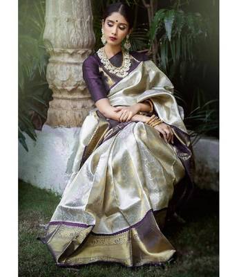 Wine white silk blend banarasi saree with unstitched blouse piece 1