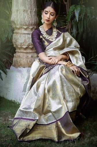 Wine white soft silk blend banarasi jacuard work designer party wear saree with unstitched blouse piece
