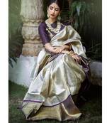 Wine white silk blend banarasi saree with unstitched blouse piece