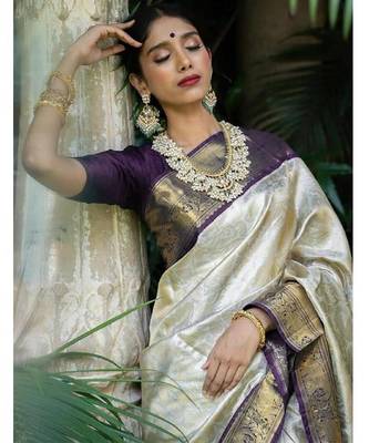 Wine white silk blend banarasi saree with unstitched blouse piece 2