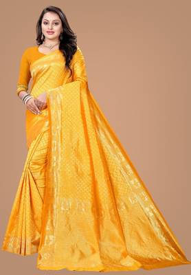 Yellow silk blend banarasi saree with unstitched blouse piece 1