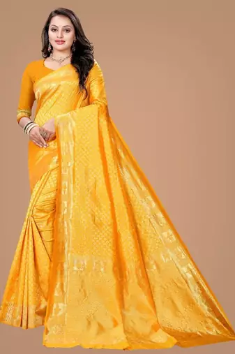 Yellow soft silk blend banarasi jacuard work designer party wear saree with unstitched blouse piece
