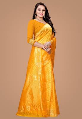 Yellow silk blend banarasi saree with unstitched blouse piece 2