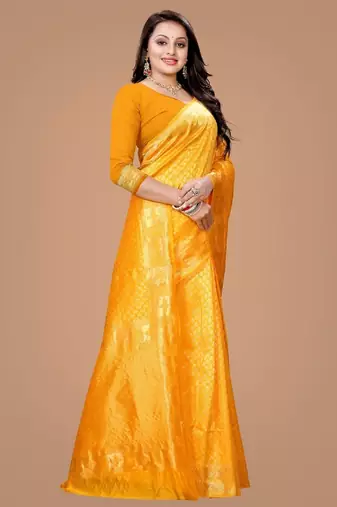 Yellow silk blend banarasi saree with unstitched blouse piece