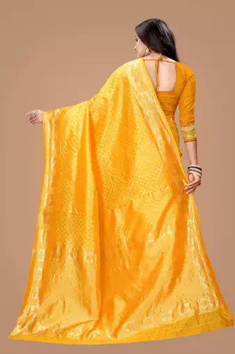 Yellow silk blend banarasi saree with unstitched blouse piece