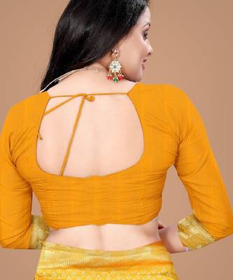 Yellow silk blend banarasi saree with unstitched blouse piece 4