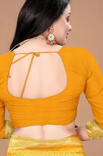 Yellow silk blend banarasi saree with unstitched blouse piece