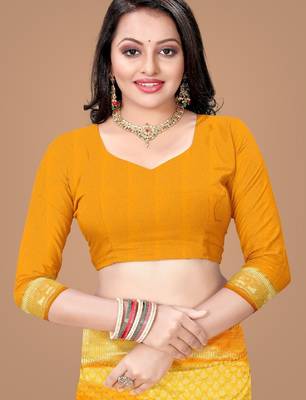 Yellow silk blend banarasi saree with unstitched blouse piece 5