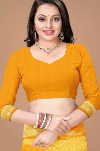 Yellow silk blend banarasi saree with unstitched blouse piece