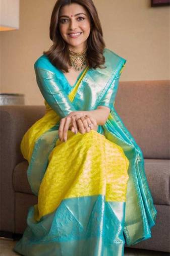 Rama yellow soft silk blend banarasi jacuard work designer party wear saree with unstitched blouse piece